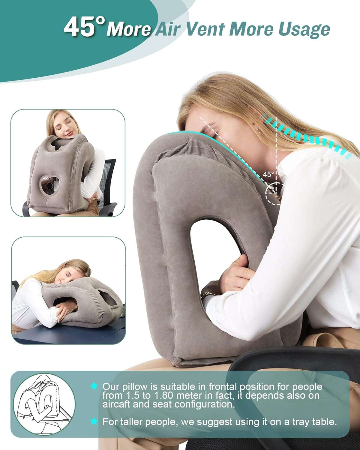 JefDiee Inflatable Travel Pillow, Airplane Neck Pillow Comfortably Supports Head and Chin for Airplanes, Trains, Cars Office Napping with 3D Eye Mask, Earplugs Portable Drawstring Bag - 4