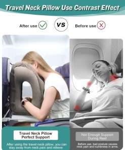 JefDiee Inflatable Travel Pillow, Airplane Neck Pillow Comfortably Supports Head and Chin for Airplanes, Trains, Cars Office Napping with 3D Eye Mask, Earplugs Portable Drawstring Bag - 5