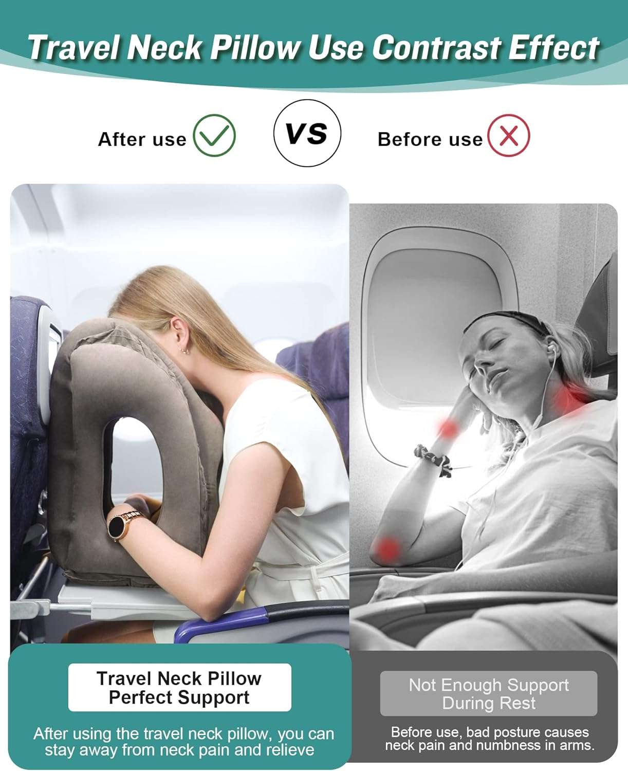 JefDiee Inflatable Travel Pillow, Airplane Neck Pillow Comfortably Supports Head and Chin for Airplanes, Trains, Cars Office Napping with 3D Eye Mask, Earplugs Portable Drawstring Bag - 5