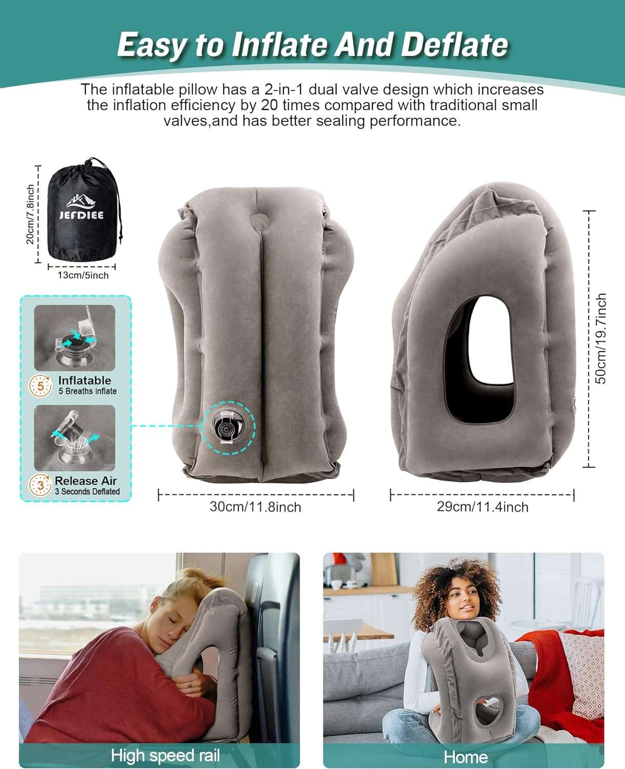 JefDiee Inflatable Travel Pillow, Airplane Neck Pillow Comfortably Supports Head and Chin for Airplanes, Trains, Cars Office Napping with 3D Eye Mask, Earplugs Portable Drawstring Bag - 6
