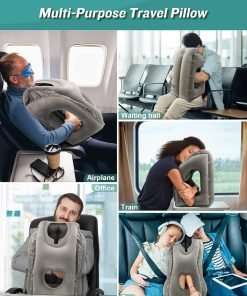 JefDiee Inflatable Travel Pillow, Airplane Neck Pillow Comfortably Supports Head and Chin for Airplanes, Trains, Cars Office Napping with 3D Eye Mask, Earplugs Portable Drawstring Bag - 7