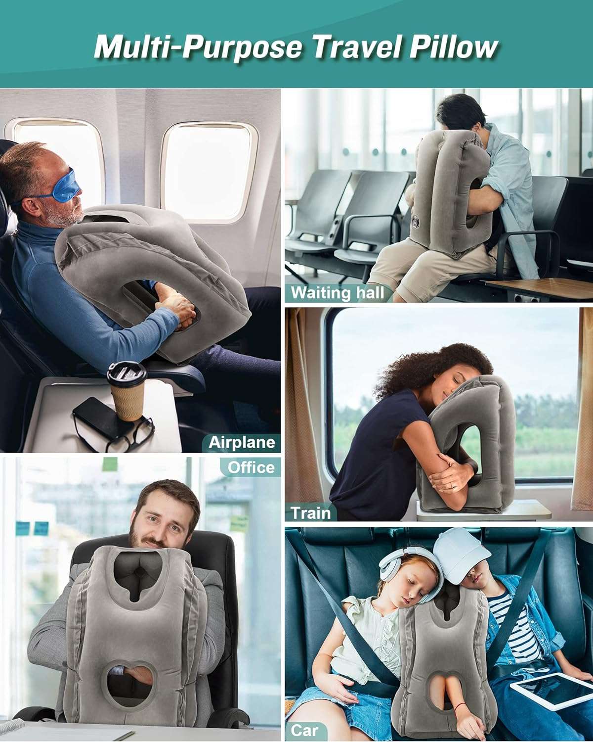 JefDiee Inflatable Travel Pillow, Airplane Neck Pillow Comfortably Supports Head and Chin for Airplanes, Trains, Cars Office Napping with 3D Eye Mask, Earplugs Portable Drawstring Bag - 7