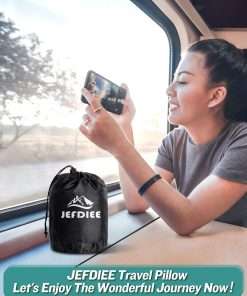 JefDiee Inflatable Travel Pillow, Airplane Neck Pillow Comfortably Supports Head and Chin for Airplanes, Trains, Cars Office Napping with 3D Eye Mask, Earplugs Portable Drawstring Bag - 8