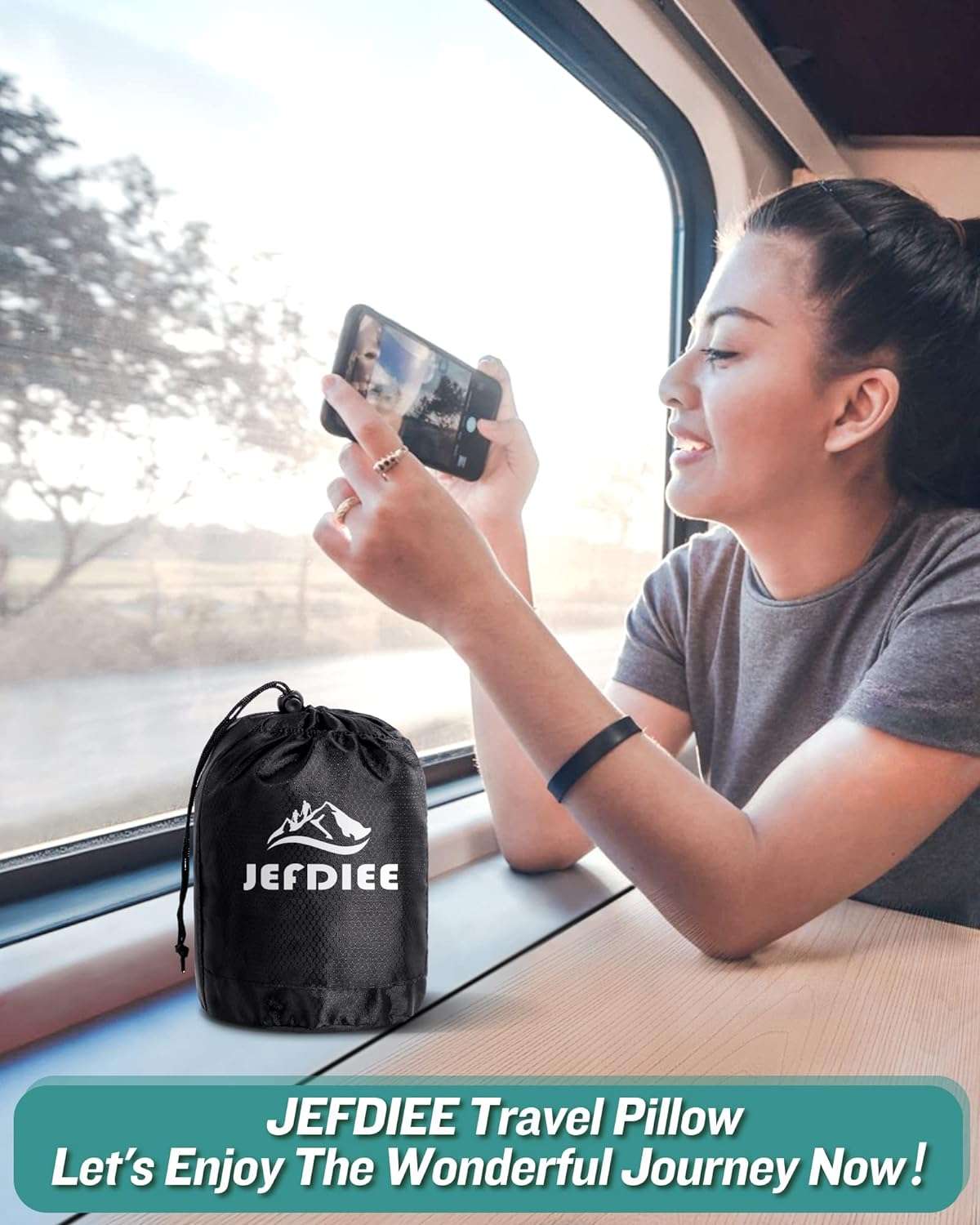 JefDiee Inflatable Travel Pillow, Airplane Neck Pillow Comfortably Supports Head and Chin for Airplanes, Trains, Cars Office Napping with 3D Eye Mask, Earplugs Portable Drawstring Bag - 8