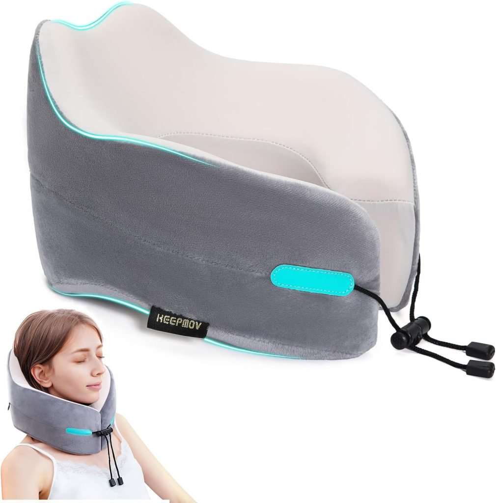 KEEPMOV Memory Foam Travel Pillows: Neck Pillows for Travel – Airplane Pillow with 360-Degree Head Support | Portable Adjustable Traveling Pillow for Car & Train Bus (Grey)