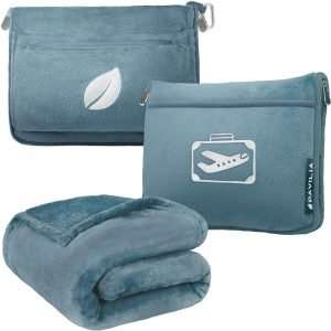 PAVILIA Travel Blanket Pillow in Soft Bag with Pockets, Airplane Blanket Set, Plane Blanket Compact Packable, Flight Essentials Car Pillow, Travelers Accessories Gifts - 1