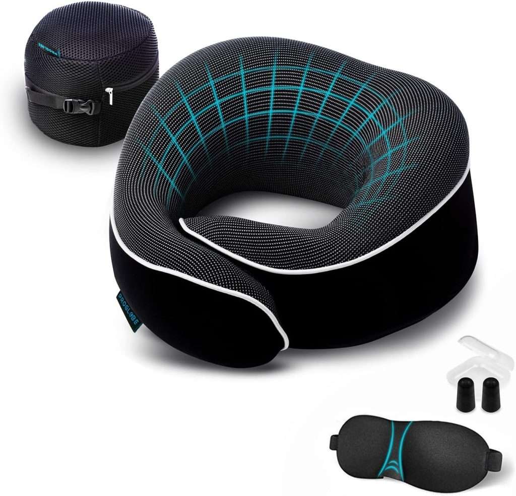 Proglobe Orthopedic Neck Pillow Travel Neck Pillows for Airplanes, Memory Foam Kit, Updated Resting Material, Airplane Travel Set with 3D Contoured Eye Masks, Earplugs, and Luxury Mesh Bag (Black)