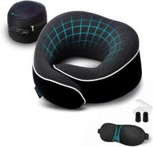 Proglobe Orthopedic Neck Pillow Travel Neck Pillows for Airplanes, Memory Foam Kit, Updated Resting Material, Airplane Travel Set with 3D Contoured Eye Masks, Earplugs, and Luxury Mesh Bag - 1