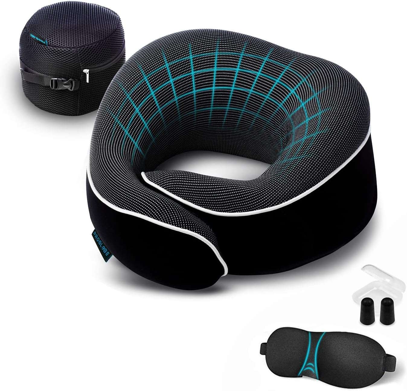 Proglobe Orthopedic Neck Pillow Travel Neck Pillows for Airplanes, Memory Foam Kit, Updated Resting Material, Airplane Travel Set with 3D Contoured Eye Masks, Earplugs, and Luxury Mesh Bag - 1