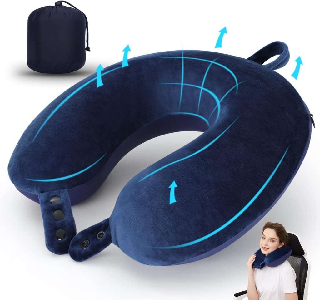Travel Neck Pillow, Best Memory Foam Airplane Pillow for Head Support Soft Adjustable Pillow for Plane, Car & Home Recliner Use (Dark Blue)