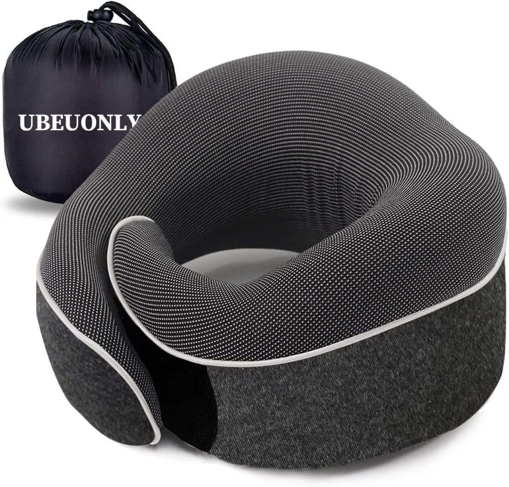 UBEUONLY Travel Neck Pillow Chin Support Pillow Adjustable 100% Pure Memory Foam , New Ergonomic Design Soft Best Full Neck Surround Pillow Sleep for Home, Airplanes & Car (Black)