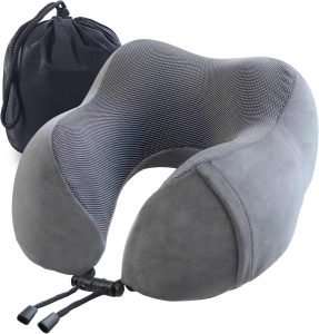 YIRFEIKRER Travel Pillow, Best Memory Foam Neck Pillow and Head Support Soft Pillow with Side Storage Bags, for Sleep Rest, Airplane, Car, Family and Travel Use（Dark Grey） - 1