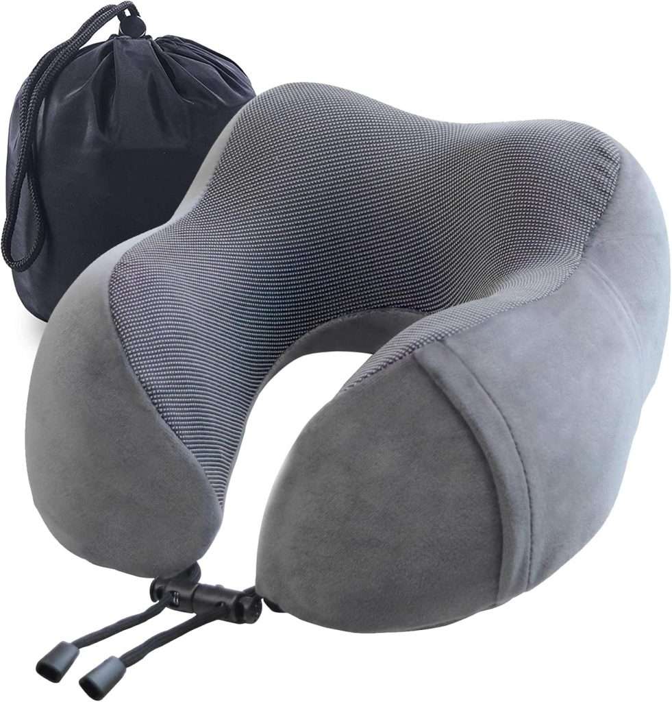 YIRFEIKRER Travel Pillow, Best Memory Foam Neck Pillow and Head Support Soft Pillow with Side Storage Bags, for Sleep Rest, Airplane, Car, Family and Travel Use（Dark Grey）