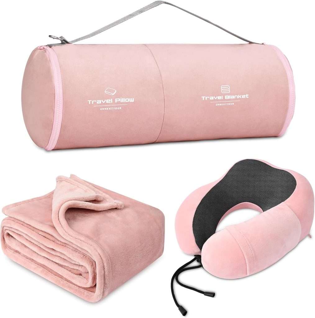 urnexttour Travel Pillow and Blanket Set Neck Pillows for Airplane Sleeping Memory Foam Travel Soft Blankets Compact Travel Essentials Pink