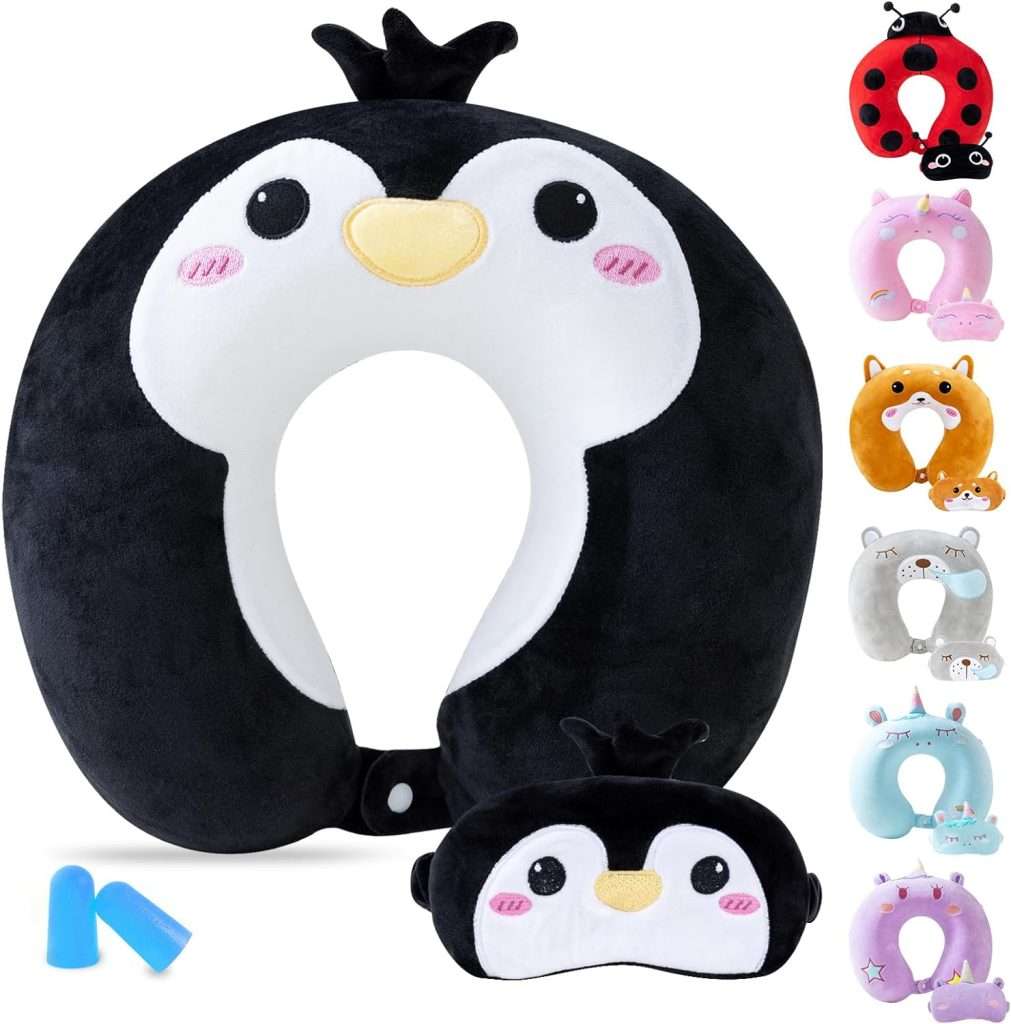 Cirorld Kids Travel Pillow Cute Neck Pillow for Traveling Memory Foam Airplane Pillow with Sleep Mask Animal Flight Pillow Head Rest Neck Support for Cars Long Flights Sleeping Girls Boys Adults Gift