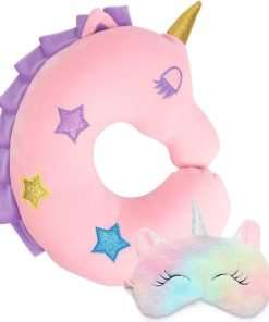 Kids Neck Pillow for Traveling, Unicorn Kids Travel Pillow w- Eye Mask, Toddler Neck Pillow, Kids Airplane Travel Essentials Road Trip Must Have, Cute Car Seat Headrest Pillow - 1