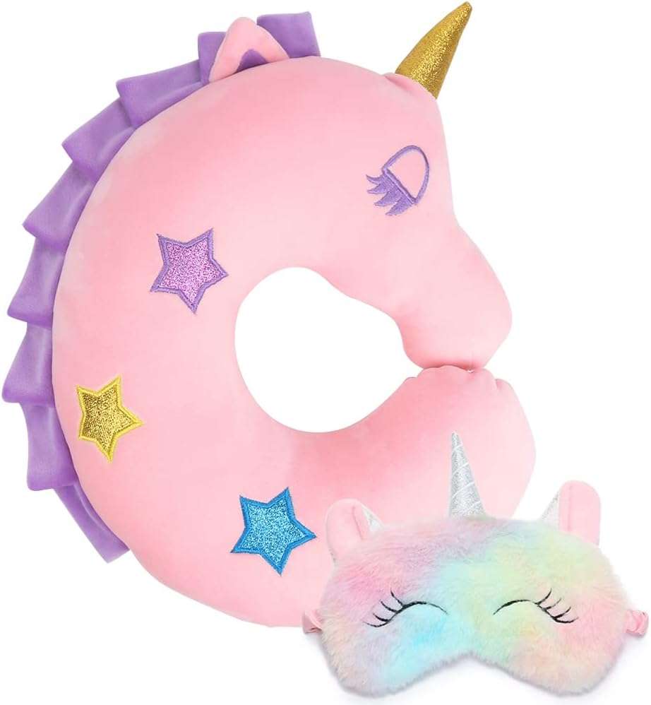 Kids Neck Pillow for Traveling, Unicorn Kids Travel Pillow w- Eye Mask, Toddler Neck Pillow, Kids Airplane Travel Essentials Road Trip Must Have, Cute Car Seat Headrest Pillow - 1
