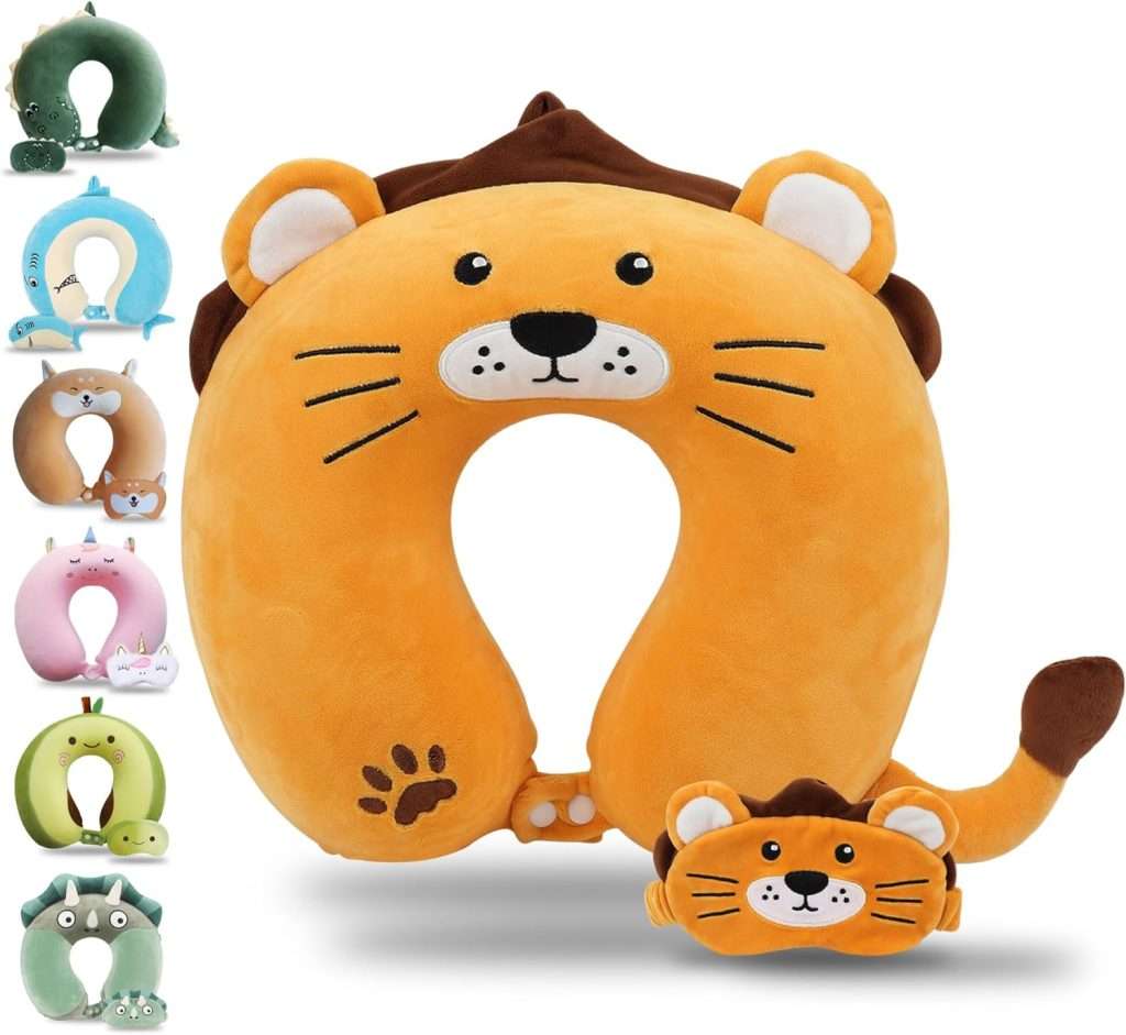 Sexysamba Cartoon Headrest & Neck Pillow for Kids Boys & Girls, Teens, Travel Accessories for Airplane, Car, Recline, Memory Foam Cute Travel Pillow with Sleep Eye Mask – Lion