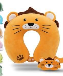Sexysamba Cartoon Headrest & Neck Pillow for Kids Boys & Girls, Teens, Travel Accessories for Airplane, Car, Recline, Memory Foam Cute Travel Pillow with Sleep Eye Mask - Lion - 1