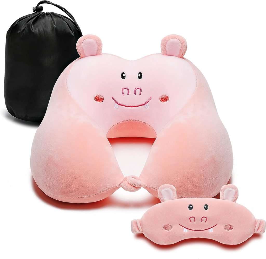 Travel Pillow for Kids and Adults, Cute Animal Memory Foam Neck Pillow with Soft Fleece Cover and Eye Mask Set, Airplane Pillow Travel Kit with Drawstring Organizer Bag, Machine Washable (Hippo)