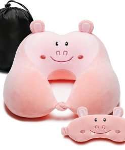 Travel Pillow for Kids and Adults, Cute Animal Memory Foam Neck Pillow with Soft Fleece Cover and Eye Mask Set, Airplane Pillow Travel Kit with Drawstring Organizer Bag - 1