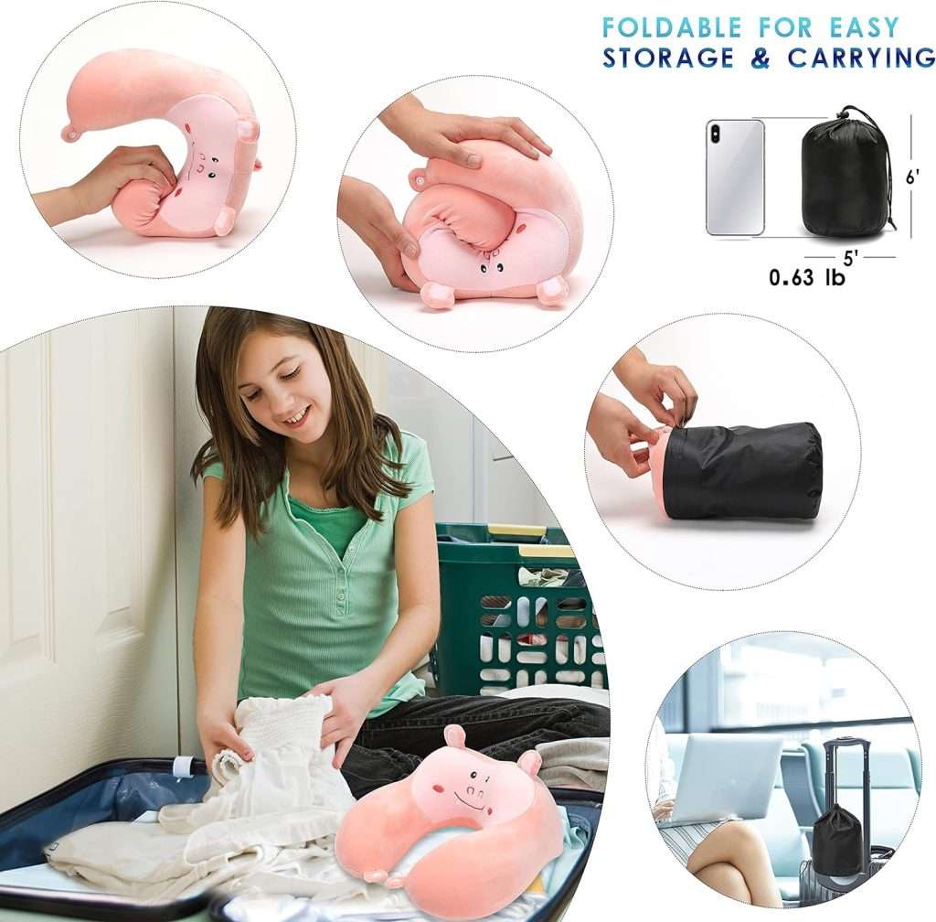 Travel Pillow for Kids and Adults, Cute Animal Memory Foam Neck Pillow with Soft Fleece Cover and Eye Mask Set, Airplane Pillow Travel Kit with Drawstring Organizer Bag, Machine Washable (Hippo) product use example