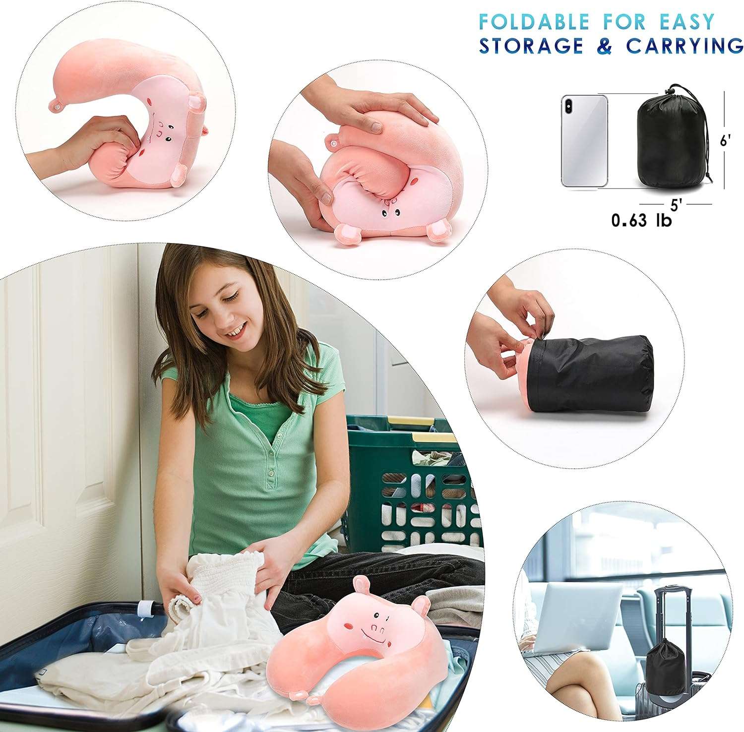 Travel Pillow for Kids and Adults, Cute Animal Memory Foam Neck Pillow with Soft Fleece Cover and Eye Mask Set, Airplane Pillow Travel Kit with Drawstring Organizer Bag - 5