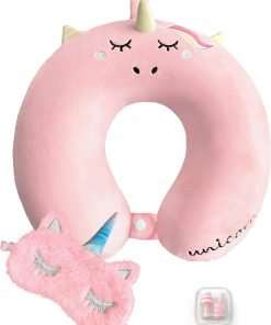 urnexttour Neck Travel Pillow for Kids, Unicorn Airplane Memory Foam Pillow with Cute Sleep Mask & Earplugs, Lightweight Travelling Sleeping Pillow Set - 1