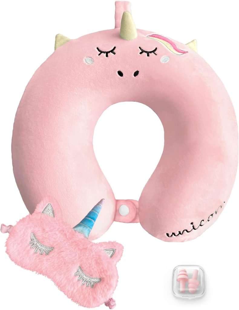 urnexttour Neck Travel Pillow for Kids, Unicorn Airplane Memory Foam Pillow with Cute Sleep Mask & Earplugs, Lightweight Travelling Sleeping Pillow Set for Car, Train, Bus and Home Use (Pink)