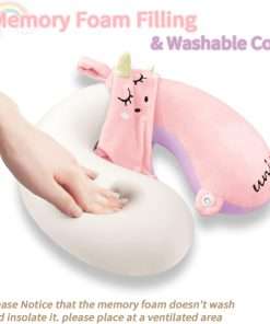 urnexttour Neck Travel Pillow for Kids, Unicorn Airplane Memory Foam Pillow with Cute Sleep Mask & Earplugs, Lightweight Travelling Sleeping Pillow Set - 3