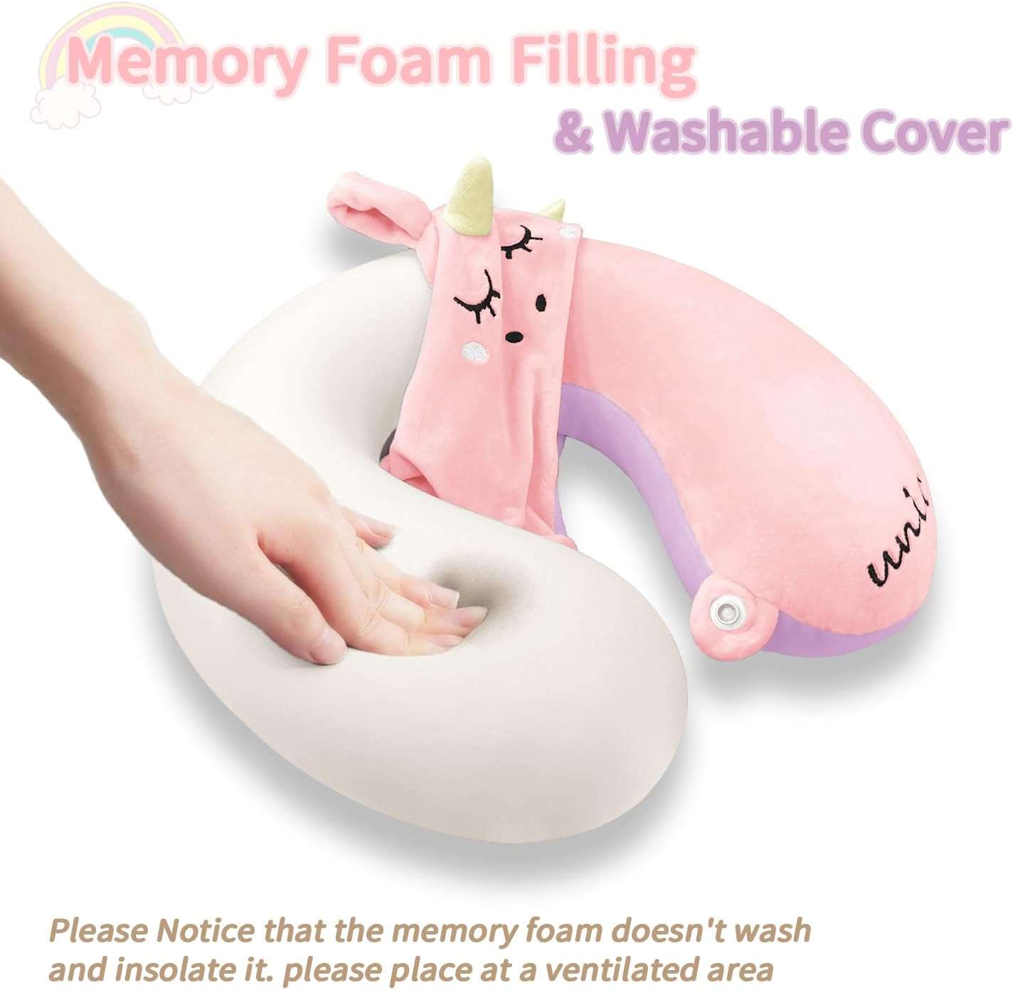 urnexttour Neck Travel Pillow for Kids, Unicorn Airplane Memory Foam Pillow with Cute Sleep Mask & Earplugs, Lightweight Travelling Sleeping Pillow Set - 3