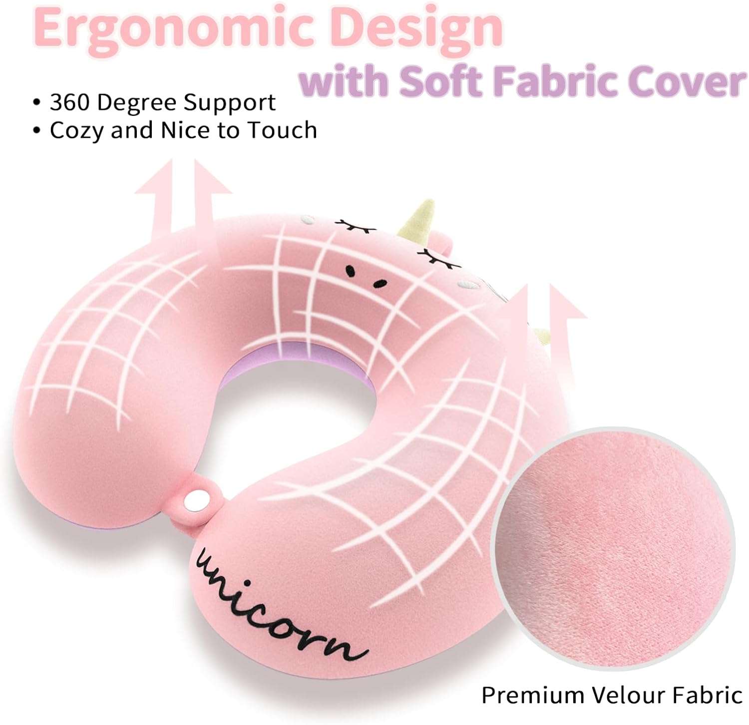 urnexttour Neck Travel Pillow for Kids, Unicorn Airplane Memory Foam Pillow with Cute Sleep Mask & Earplugs, Lightweight Travelling Sleeping Pillow Set - 4