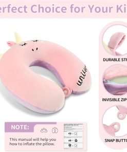urnexttour Neck Travel Pillow for Kids, Unicorn Airplane Memory Foam Pillow with Cute Sleep Mask & Earplugs, Lightweight Travelling Sleeping Pillow Set - 5