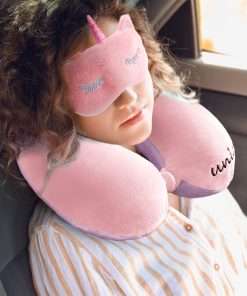 urnexttour Neck Travel Pillow for Kids, Unicorn Airplane Memory Foam Pillow with Cute Sleep Mask & Earplugs, Lightweight Travelling Sleeping Pillow Set - 7
