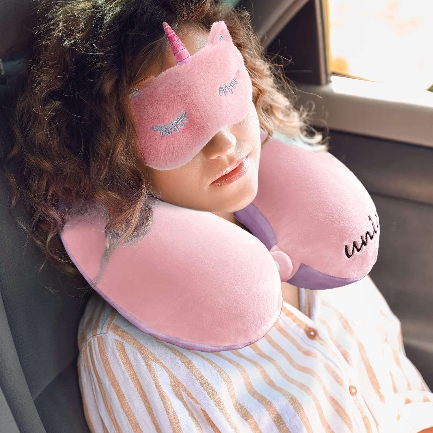 urnexttour Neck Travel Pillow for Kids, Unicorn Airplane Memory Foam Pillow with Cute Sleep Mask & Earplugs, Lightweight Travelling Sleeping Pillow Set - 7