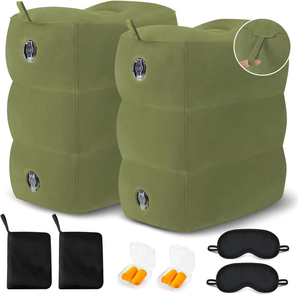 Inflatable Travel Foot Rest Pillow – Blow up Foot Rest for Air Travel, Portable footrest in Airplane for Adults, Car Seat Foot Rest for Kids, Toddlers Airplane Bed with Easy-Carry Strap, Green 2Pack