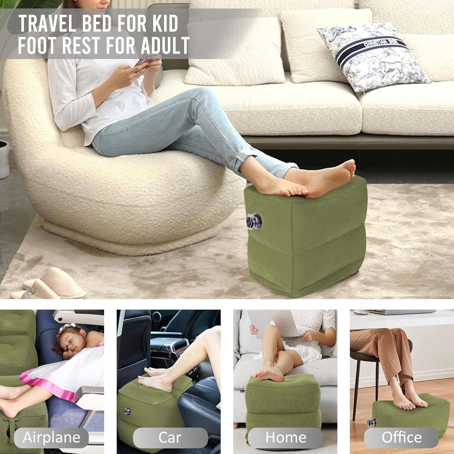 Inflatable Travel Foot Rest Pillow - Blow up Foot Rest for Air Travel, Portable footrest in Airplane for Adults, Car Seat Foot Rest for Kids, Toddlers Airplane Bed with Easy-Carry Strap - 4