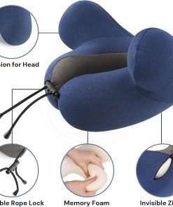 Neck Travel Pillow, Airplane Pillow for Long Flight, Traveling Pillows for Airplanes, Memory Foam Neck Pillow with 3D Eye Mask, Earplugs & Luxury Bag, Portable Plane Travel Essentials Blue - 5