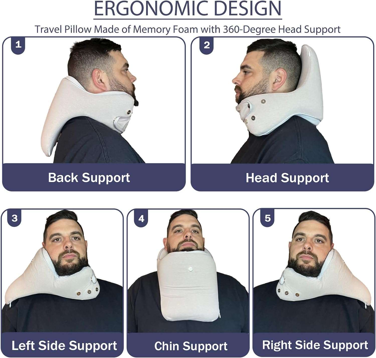 Travel Pillow Adjustable Memory Foam Neck Pillows Chin Neck Back Support Pillow for Sleeping Airplane Car Bus Home Office Rest Travel Accessories Grey, Universal Size - 2
