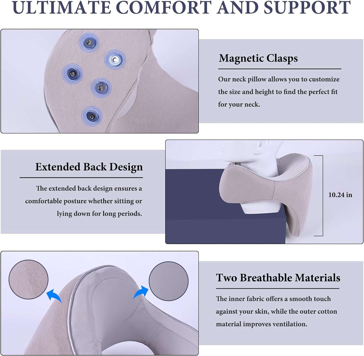 Travel Pillow Adjustable Memory Foam Neck Pillows Chin Neck Back Support Pillow for Sleeping Airplane Car Bus Home Office Rest Travel Accessories Grey, Universal Size - 4