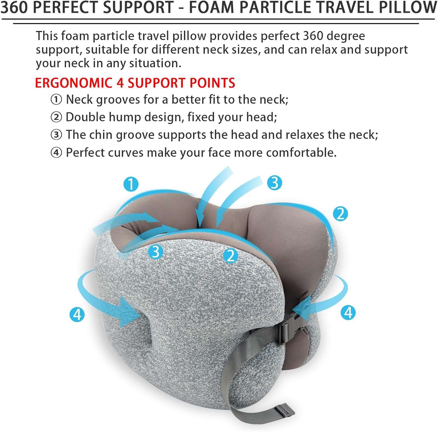Travel Pillow Foam Particle Neck Pillow Breathable Comfortable U Shaped Pillow for Airplane, Neck ＆ Head Support Pillow for Sleeping Rest, Portable Travel Pillows Kit with Eye Mask - 2