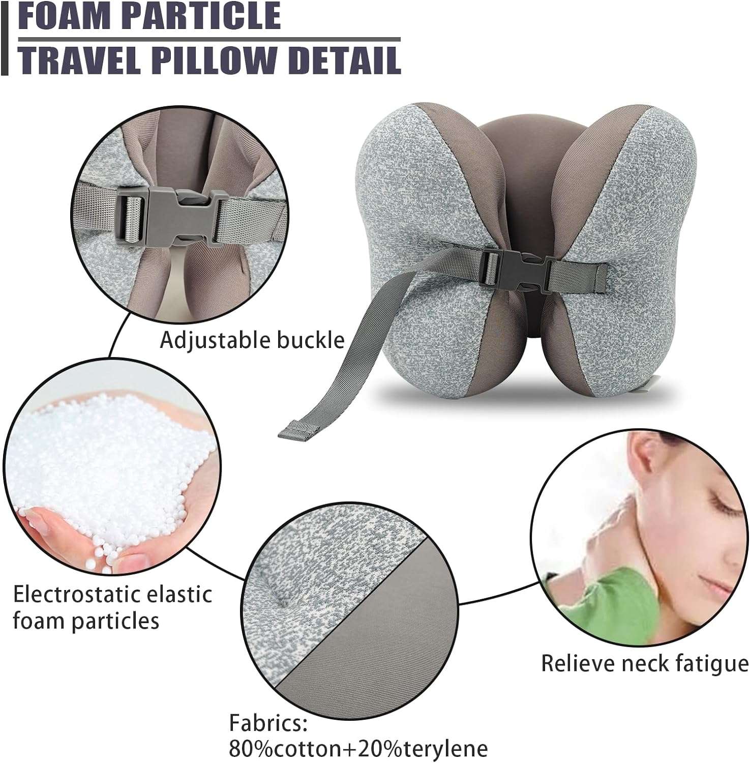 Travel Pillow Foam Particle Neck Pillow Breathable Comfortable U Shaped Pillow for Airplane, Neck ＆ Head Support Pillow for Sleeping Rest, Portable Travel Pillows Kit with Eye Mask - 3