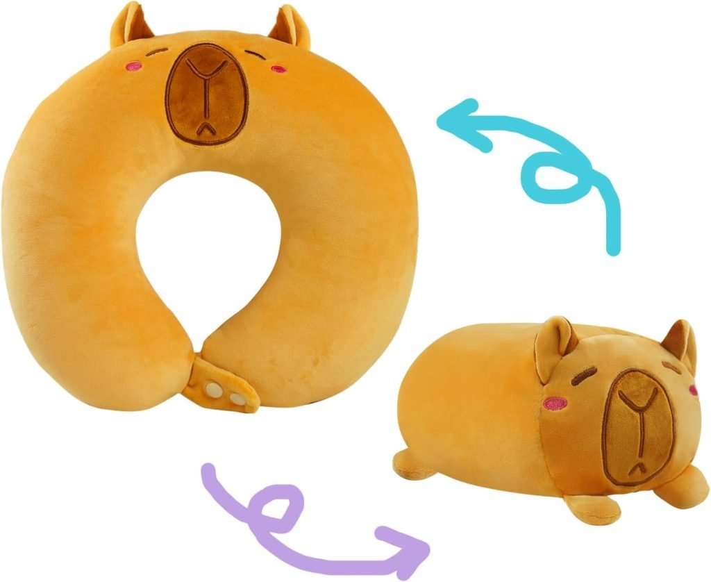 Capybara Kids Neck Pillow – Cozy & Cute 2-in-1 Plush Travel Support, Adjustable Soft Microbead Stuffed Animal Cushion for Comfortable Car Trips and Flights