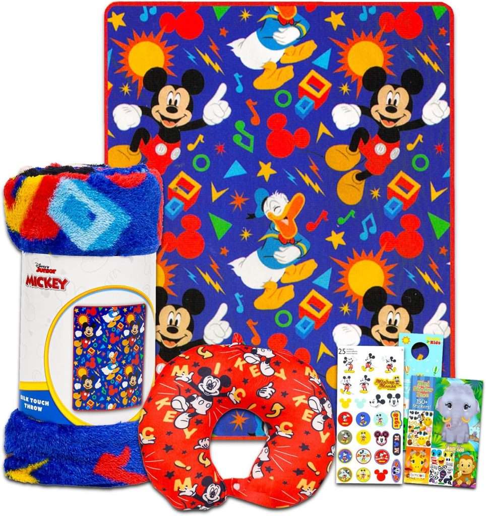 Mickey Mouse Travel Blanket and Pillow Set – Bundle with Mickey Mouse Blanket, Neck Pillow, Stickers, More | Mickey Travel Accessories for Kids