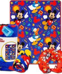 Mickey Mouse Travel Blanket and Pillow Set - Bundle with Mickey Mouse Blanket, Neck Pillow, Stickers, More - Mickey Travel Accessories for Kids - 2