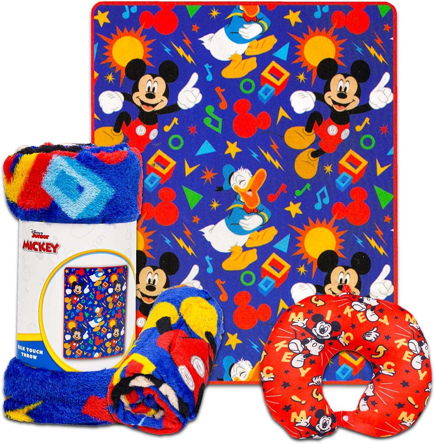 Mickey Mouse Travel Blanket and Pillow Set - Bundle with Mickey Mouse Blanket, Neck Pillow, Stickers, More - Mickey Travel Accessories for Kids - 2