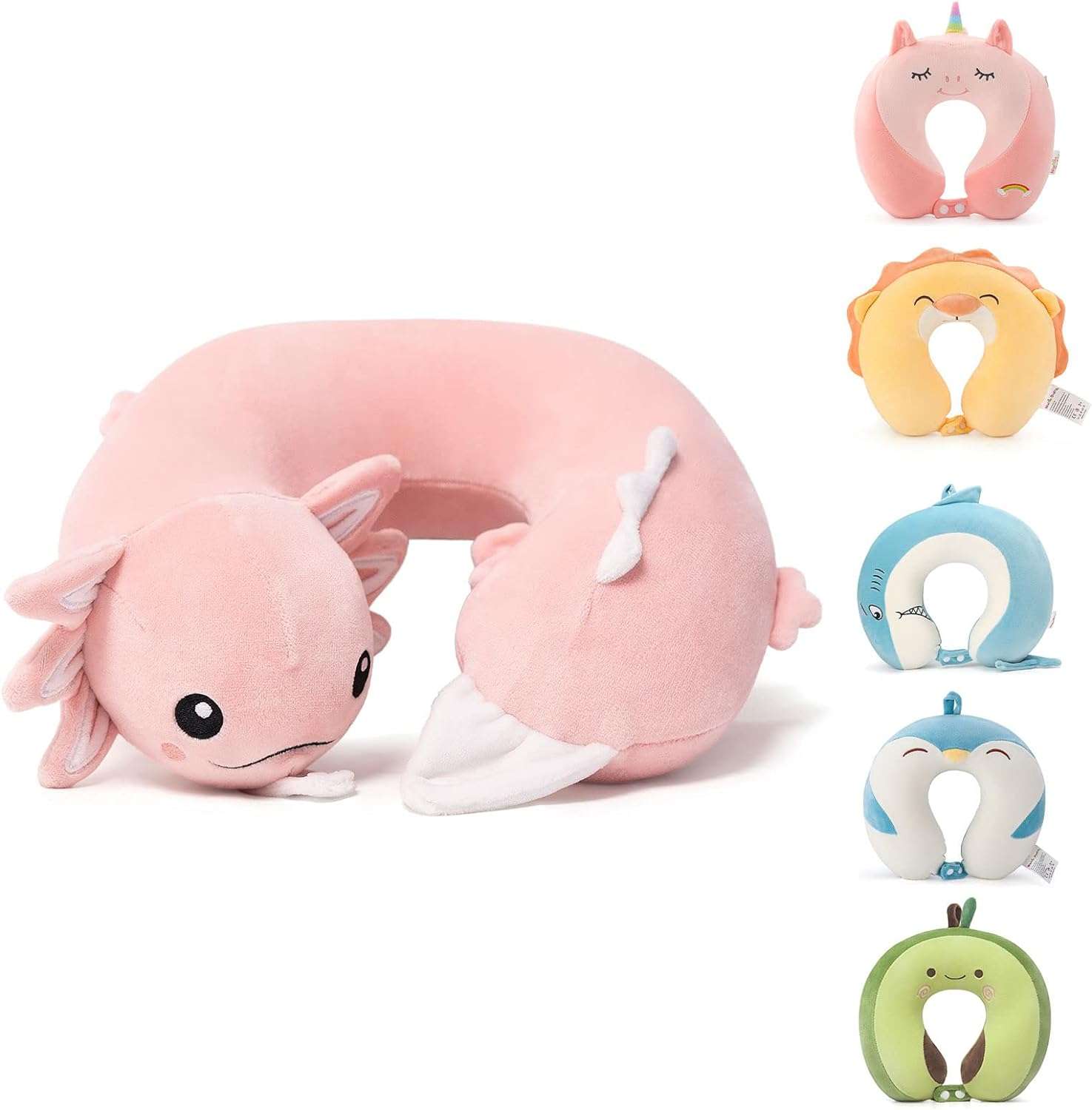Niuniu Daddy Kids Travel Pillow Road Trip Essentials for 3-8 Y-O-Soft Memory Foam Kids Neck Pillow for Traveling Airplane Travel Essentials-Pink Axolotl U-Shaped Pillow - 1