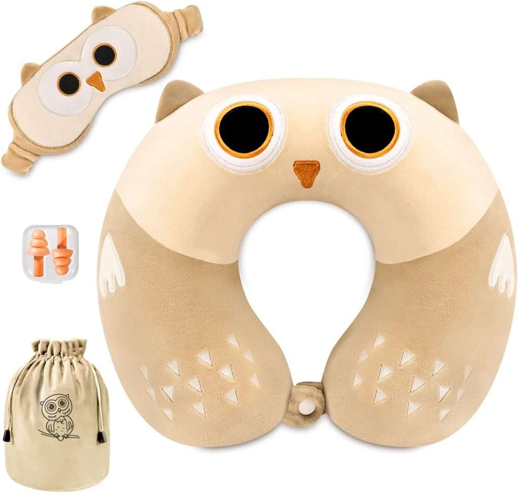 Travel Neck Pillow for Kids, Best Memory Foam Pillow with Cute Sleep Mask & Earplugs, Lightweight Travelling Pillow Set for Airplane, Car, Train, Bus and Home Use (Owl)