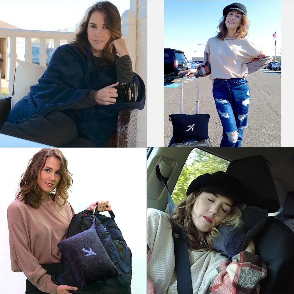 BlueHills Travel Blanket Pillow in Mini Soft Case Premium Plush Airplane Blanket in Soft Bag Compact Pack with Luggage Belt and Backpack Clip Long Flights Essentials Traveling Plane - 2