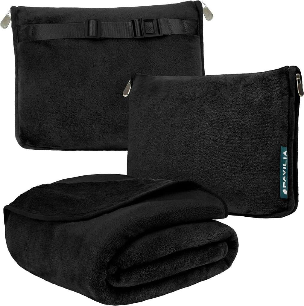 PAVILIA Travel Blanket Pillow, Soft Airplane Blanket 2-in-1 Combo Set, Plane Blanket Compact Packable, Flight Essentials Car Pillow, Travelers Gifts Accessories, Luggage Backpack Strap, 60×43 Black